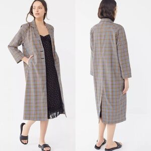NWT UO Black Motif Gold White Plaid houndstooth Overcoat Trench Duster jacket L